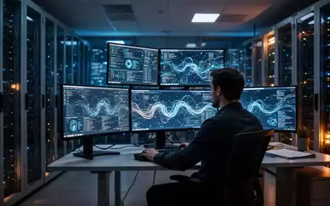 Ein IT-Sicherheitsexperte überwacht komplexe Datenströme in einem modern beleuchteten Büro bei Nacht. - Foto: über boerse-global.de