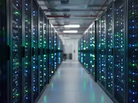 Reihen von leuchtenden Server-Racks in einem modernen Rechenzentrum als Symbol für digitale Sicherheit und Datenlokalisierung. - Foto: über boerse-global.de