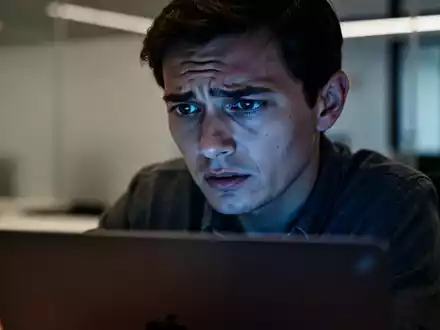 Eine Person sitzt an einem Schreibtisch vor einem Laptop und blickt besorgt auf den Bildschirm in einer abgedunkelten Büroumgebung. - Foto: über boerse-global.de