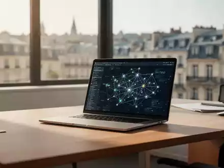 Ein moderner, minimalistischer Arbeitsplatz mit Laptop und Datenvisualisierung in einem hellen Büro vor einer Stadtkulisse. - Foto: über boerse-global.de