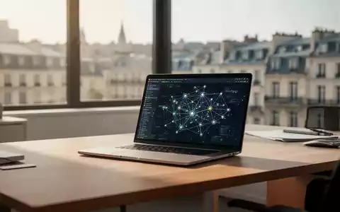 Ein moderner, minimalistischer Arbeitsplatz mit Laptop und Datenvisualisierung in einem hellen Büro vor einer Stadtkulisse. - Foto: über boerse-global.de