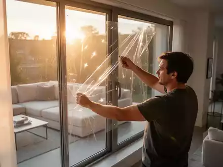 Eine Person bringt eine transparente Hitzeschutzfolie an einer hellen Fensterfront in einem Wohnraum an. - Foto: über boerse-global.de