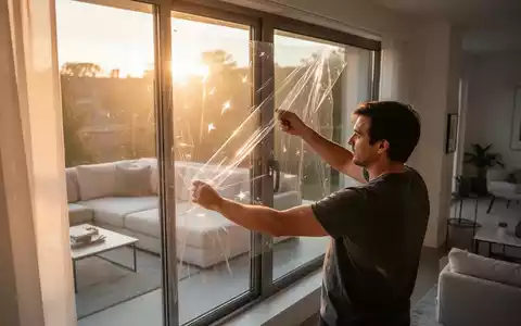 Eine Person bringt eine transparente Hitzeschutzfolie an einer hellen Fensterfront in einem Wohnraum an. - Foto: über boerse-global.de