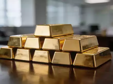 Gestapelte Goldbarren auf einer dunklen Holzoberfläche in einem professionellen, dezent beleuchteten Umfeld. - Foto: über boerse-global.de