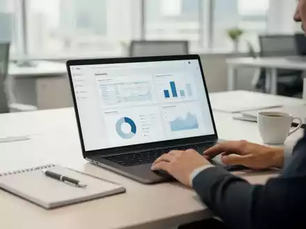 Ein professioneller Arbeitsplatz in einem modernen Büro mit einem Laptop, auf dem Datenanalysen und Softwareoberflächen zu sehen sind. - Foto: über boerse-global.de