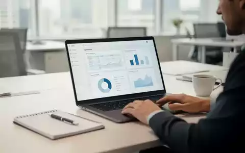 Ein professioneller Arbeitsplatz in einem modernen Büro mit einem Laptop, auf dem Datenanalysen und Softwareoberflächen zu sehen sind. - Foto: über boerse-global.de