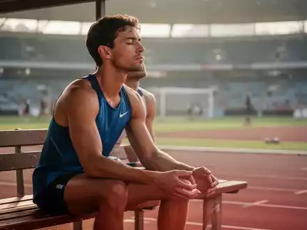 Ein konzentrierter Leichtathlet sitzt meditierend auf einer Bank in einem Stadion vor einem Wettkampf. - Foto: über boerse-global.de