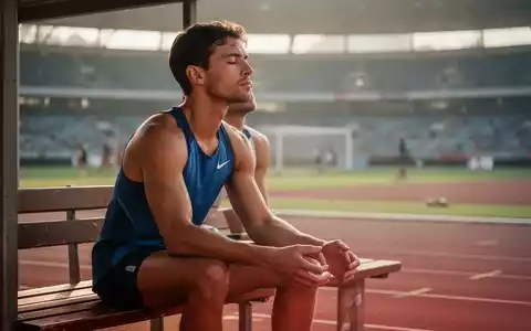 Ein konzentrierter Leichtathlet sitzt meditierend auf einer Bank in einem Stadion vor einem Wettkampf. - Foto: über boerse-global.de