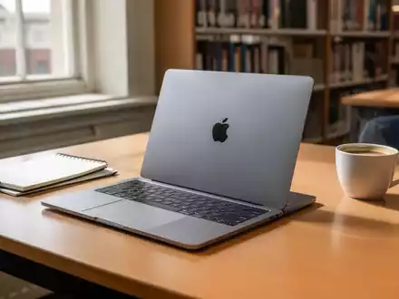 Ein MacBook Neo auf einem Schreibtisch in einer Universitätsbibliothek bei natürlichem Lichteinfall. - Foto: über boerse-global.de
