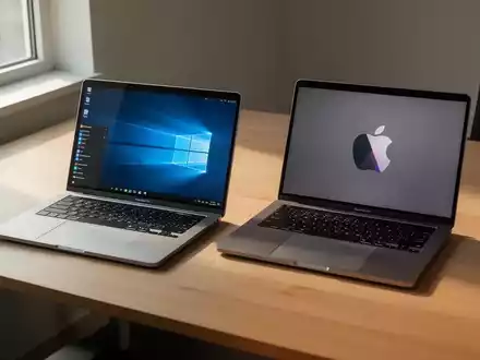 Zwei Laptops auf einem minimalistischen Schreibtisch als Symbol für den Vergleich der Cybersicherheit. - Foto: über boerse-global.de
