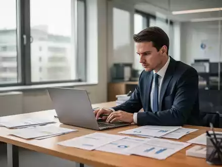 Ein Steuerberater arbeitet an einem Schreibtisch mit Unterlagen in einem modernen Büro. - Foto: über boerse-global.de