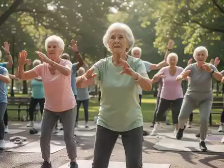 Eine Gruppe aktiver Senioren nimmt an einem angeleiteten Fitnesskurs in einem sonnigen Park teil. - Foto: über boerse-global.de