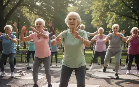 Eine Gruppe aktiver Senioren nimmt an einem angeleiteten Fitnesskurs in einem sonnigen Park teil. - Foto: über boerse-global.de