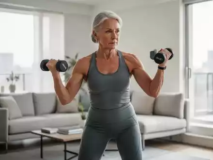 Eine sportliche Frau mittleren Alters trainiert mit Hanteln in einem hellen, modernen Wohnzimmer. - Foto: über boerse-global.de