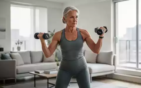 Eine sportliche Frau mittleren Alters trainiert mit Hanteln in einem hellen, modernen Wohnzimmer. - Foto: über boerse-global.de