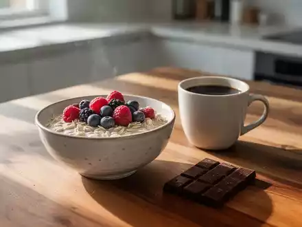 Ein gesundes Frühstück mit Haferflocken, Beeren, Kaffee und dunkler Schokolade auf einem Holztisch. - Foto: über boerse-global.de