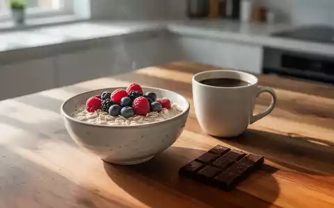 Ein gesundes Frühstück mit Haferflocken, Beeren, Kaffee und dunkler Schokolade auf einem Holztisch. - Foto: über boerse-global.de
