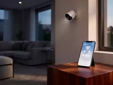 Eine moderne, minimalistische Wohnumgebung mit einer unauffälligen Sicherheitskamera und einem Smartphone auf einem Tisch. - Foto: über boerse-global.de