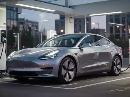 Modernes Elektroauto an einer Ladestation in einer minimalistischen Umgebung bei Dämmerung. - Foto: über boerse-global.de
