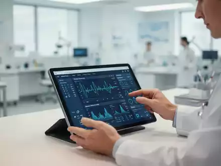 Eine medizinische Fachkraft arbeitet in einem modernen, hellen Büro an einem Tablet zur digitalen Prozessoptimierung. - Foto: über boerse-global.de