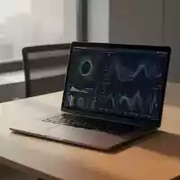 Ein moderner, minimalistischer Arbeitsplatz mit einem Laptop, auf dem abstrakte Datenvisualisierungen zu sehen sind. - Foto: über boerse-global.de