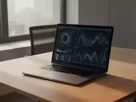 Ein moderner, minimalistischer Arbeitsplatz mit einem Laptop, auf dem abstrakte Datenvisualisierungen zu sehen sind. - Foto: über boerse-global.de