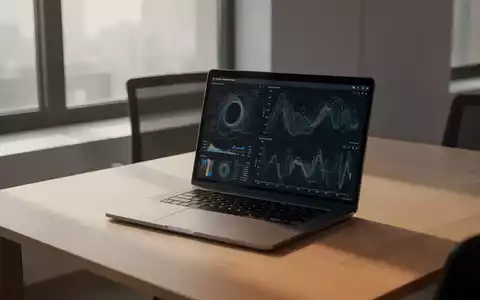 Ein moderner, minimalistischer Arbeitsplatz mit einem Laptop, auf dem abstrakte Datenvisualisierungen zu sehen sind. - Foto: über boerse-global.de