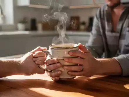 Eine Person hält eine dampfende Tasse Kaffee in einer hellen Küche, Fokus auf den Händen und der Tasse. - Foto: über boerse-global.de