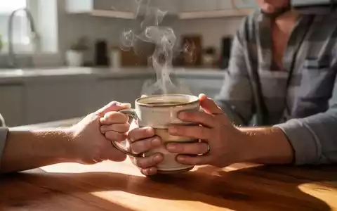 Eine Person hält eine dampfende Tasse Kaffee in einer hellen Küche, Fokus auf den Händen und der Tasse. - Foto: über boerse-global.de