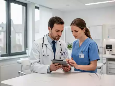Medizinisches Fachpersonal bei der gemeinsamen Nutzung eines Tablets in einer modernen Klinik. - Foto: über boerse-global.de