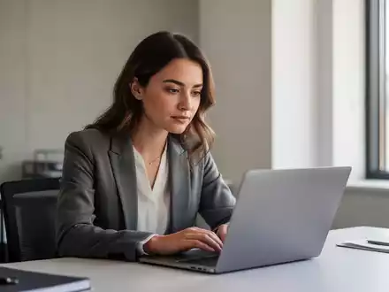 Eine junge Gründerin arbeitet konzentriert an ihrem Laptop in einem modernen, hellen Büro. - Foto: über boerse-global.de