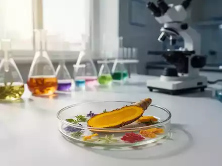Laborarbeitsplatz mit Kurkuma-Wurzelscheiben, Pflanzenextrakten und wissenschaftlichen Laborgeräten in natürlichem Licht. - Foto: über boerse-global.de