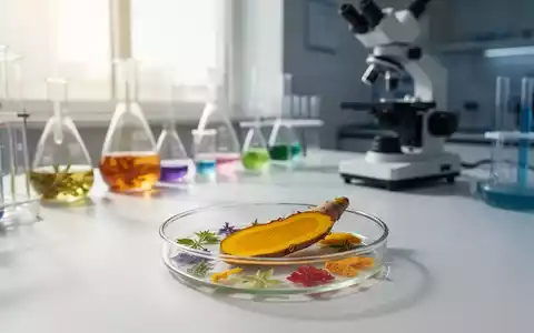 Laborarbeitsplatz mit Kurkuma-Wurzelscheiben, Pflanzenextrakten und wissenschaftlichen Laborgeräten in natürlichem Licht. - Foto: über boerse-global.de