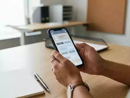 HĂ€nde einer Lehrperson halten ein Smartphone in einer hellen BĂŒroumgebung wĂ€hrend einer Schulung zur digitalen Sicherheit. - Foto: ĂŒber boerse-global.de