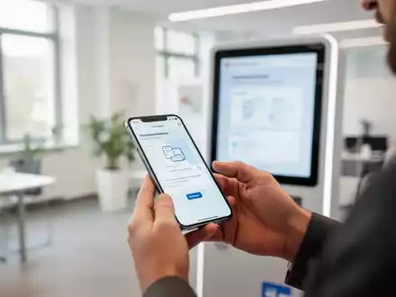 Ein Bürger nutzt ein digitales Smartphone-Interface zur Erledigung von Verwaltungsaufgaben in einem modernen Rathaus. - Foto: über boerse-global.de