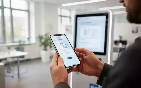 Ein Bürger nutzt ein digitales Smartphone-Interface zur Erledigung von Verwaltungsaufgaben in einem modernen Rathaus. - Foto: über boerse-global.de
