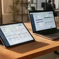 Ein minimalistischer Büroarbeitsplatz mit Tablet und Laptop, die digitale Finanzprozesse visualisieren. - Foto: über boerse-global.de