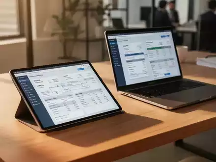 Ein minimalistischer Büroarbeitsplatz mit Tablet und Laptop, die digitale Finanzprozesse visualisieren. - Foto: über boerse-global.de