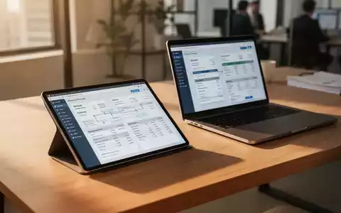 Ein minimalistischer Büroarbeitsplatz mit Tablet und Laptop, die digitale Finanzprozesse visualisieren. - Foto: über boerse-global.de