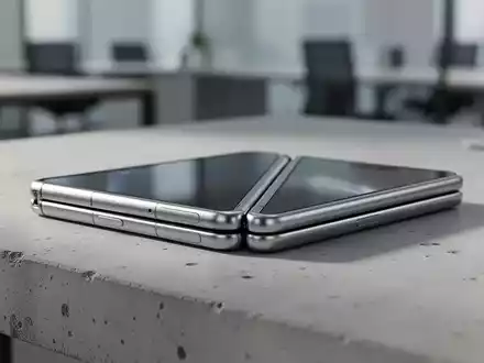 Ein hochwertiges faltbares Smartphone mit Titanrahmen liegt teilweise aufgeklappt auf einem minimalistischen Schreibtisch. - Foto: über boerse-global.de
