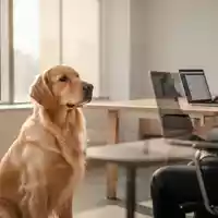Ein ruhiger Hund sitzt in einem modernen, hellen Büro neben einem Schreibtisch. - Foto: über boerse-global.de