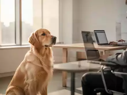 Ein ruhiger Hund sitzt in einem modernen, hellen Büro neben einem Schreibtisch. - Foto: über boerse-global.de