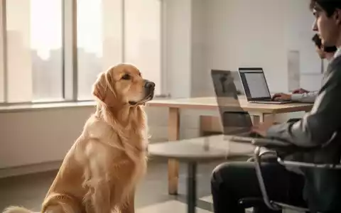 Ein ruhiger Hund sitzt in einem modernen, hellen Büro neben einem Schreibtisch. - Foto: über boerse-global.de