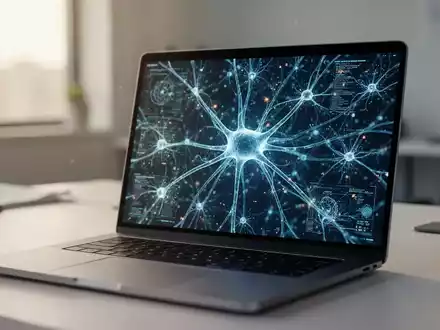 Ein moderner Arbeitsplatz mit einem Laptop, auf dem abstrakte neuronale Netzwerke zu sehen sind, die KI-Inhalte darstellen. - Foto: über boerse-global.de