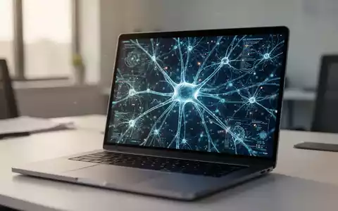 Ein moderner Arbeitsplatz mit einem Laptop, auf dem abstrakte neuronale Netzwerke zu sehen sind, die KI-Inhalte darstellen. - Foto: über boerse-global.de