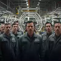 Automobilwerker in einer Fertigungshalle bei einer Versammlung zur aktuellen Situation in der Industrie. - Foto: über boerse-global.de