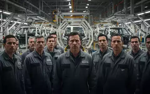 Automobilwerker in einer Fertigungshalle bei einer Versammlung zur aktuellen Situation in der Industrie. - Foto: über boerse-global.de