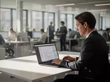 Ein professioneller Mitarbeiter arbeitet an einem Laptop in einem modernen Büro und prüft digitale Dokumente. - Foto: über boerse-global.de