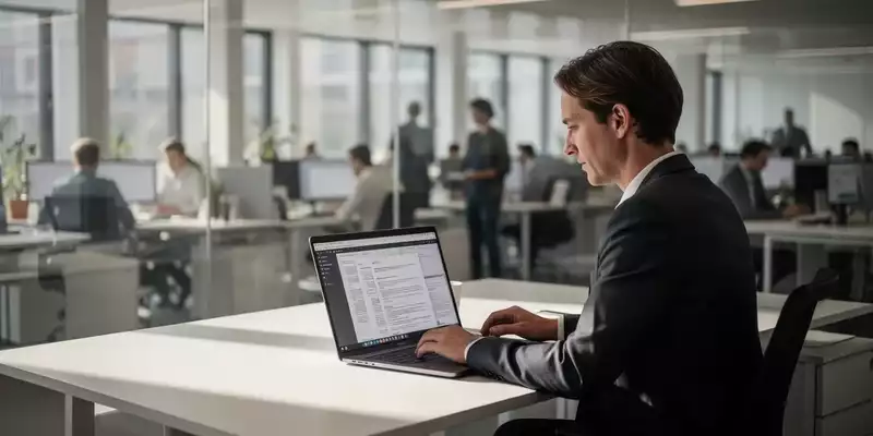 Ein professioneller Mitarbeiter arbeitet an einem Laptop in einem modernen Büro und prüft digitale Dokumente. - Foto: über boerse-global.de