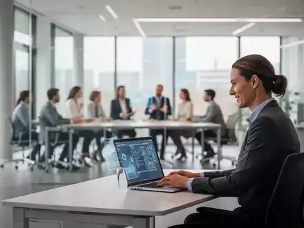 Ein Mitarbeiter in einem modernen Büro arbeitet an einem Laptop, während im Hintergrund Kollegen in einem hellen Bürogebäude zusammenarbeiten. - Foto: über boerse-global.de